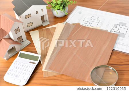 A desk with architectural models and tile samples A desk with architectural models and tile samples 122310935