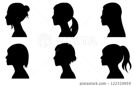 女性側面輪廓和各種髮型設計材料的集合 122310959