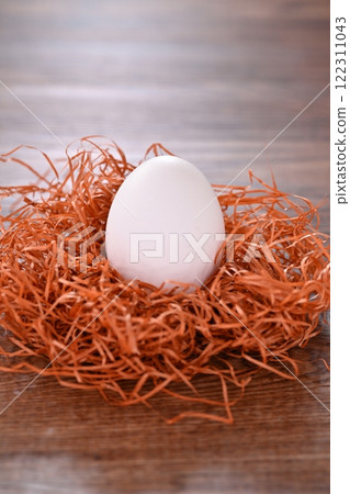 蛋被包裹在巢中的圖像。巢是紙做的。這是一個雞蛋。 122311043