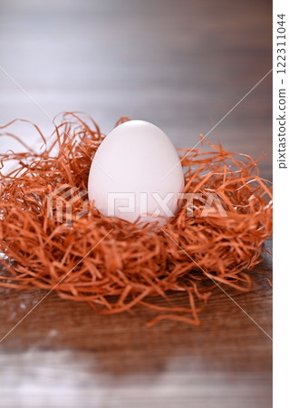 蛋被包裹在巢中的圖像。巢是紙做的。這是一個雞蛋。 蛋被包裹在巢中的圖像。巢是紙做的。這是一個雞蛋。 122311044