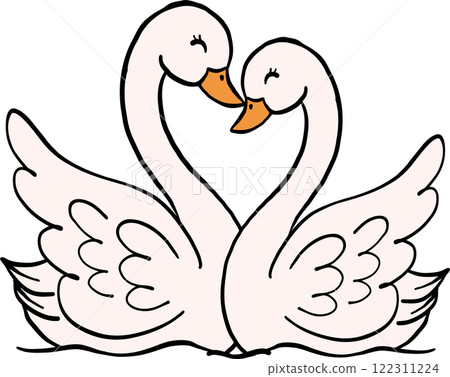 Retro Love Swans with Red Bow in love Doodle Hand Drawn 122311224