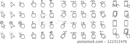 Vector monochrome click and tap line icon set 122311476