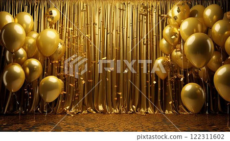 Golden confetti and balloons and stage curtain background Golden confetti and balloons and stage curtain background 122311602
