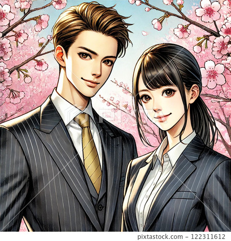 New graduates taking a commemorative photo with cherry blossoms in full bloom in the background 122311612