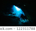 Diver swimming in a cave 122311788