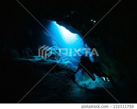 Diver swimming in a cave Diver swimming in a cave 122311788