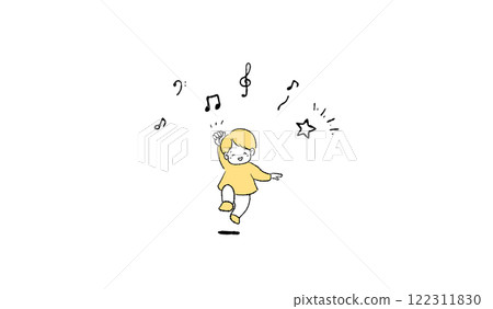 Illustration of a smiling jumping boy and musical notes 122311830