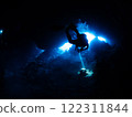 With the blue sea and diver 122311844