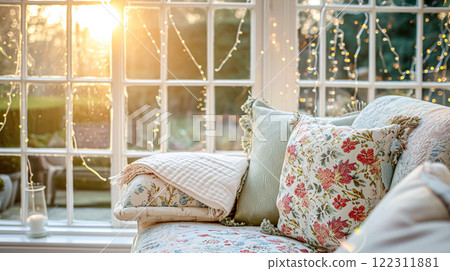 Colorful pillows on sofa against glass wall of window in a winter garden or conservatory. Interior textile concept. High quality photo 122311881