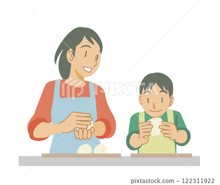 Parent and child rolling bread dough 122311922