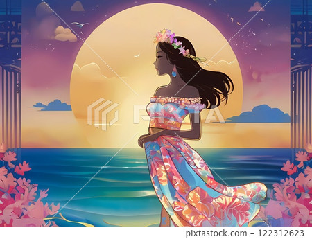 Illustration of a tropical landscape with a girl 122312623