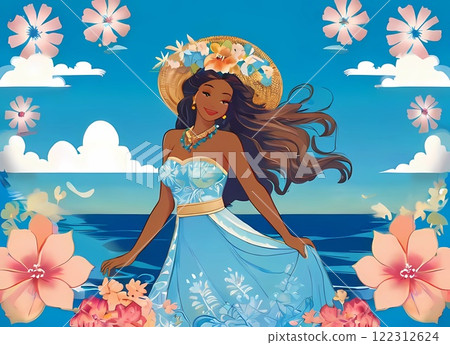 Illustration of a tropical landscape with a girl 122312624