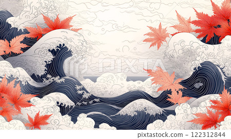 Autumn illustration material with a Japanese-style design featuring autumn leaves and wave patterns 122312844