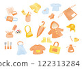 Illustrations of kindergarten and nursery school goods in orange 122313284