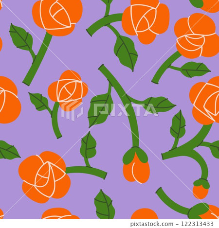 Seamless pattern with roses on a purple background. Vector graphics. 122313433