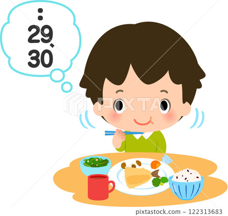 男孩邊吃邊數著咀嚼的次數 男孩邊吃邊數著咀嚼的次數 122313683