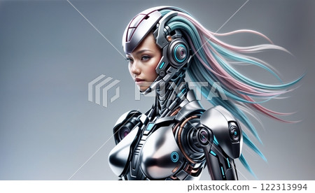 highly detailed futuristic robot with vibrant metallic elements for technology visuals 122313994