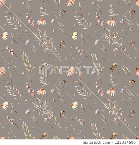 Seamless pattern with wild flowers in beige tones. Echinacea branches herbs on a white background, delicate, floral pattern. Autumn floral watercolor hand drawn illustration. floral pastel color 122314696