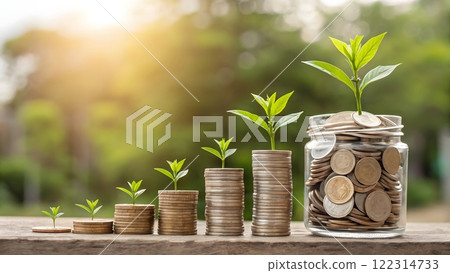 A symbolic representation of financial growth, featuring stacks of coins progressively increasing in height, each topped with a small, vibrant green plant sprouting leaves 122314733