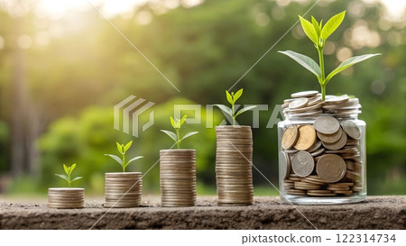 A symbolic representation of financial growth, featuring stacks of coins progressively increasing in height, each topped with a small, vibrant green plant sprouting leaves 122314734