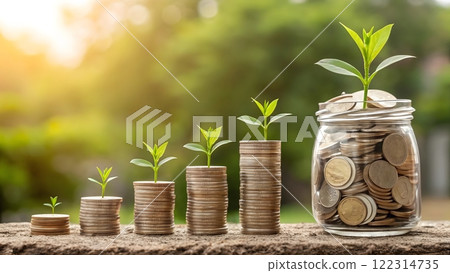 A symbolic representation of financial growth, featuring stacks of coins progressively increasing in height, each topped with a small, vibrant green plant sprouting leaves 122314735