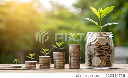 A symbolic representation of financial growth, featuring stacks of coins progressively increasing in height, each topped with a small, vibrant green plant sprouting leaves 122314736