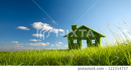 Create a photorealistic image of a house-shaped figure formed by a patch of lush green grass against a clear blue sky. The house shape should be clearly defined with a visible roof and chimney 122314737