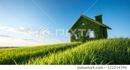 Create a photorealistic image of a house-shaped figure formed by a patch of lush green grass against a clear blue sky. The house shape should be clearly defined with a visible roof and chimney Create a photorealistic image of a house-shaped figure formed by a patch of lush green grass against a clear blue sky. The house shape should be clearly defined with a visible roof and chimney 122314740