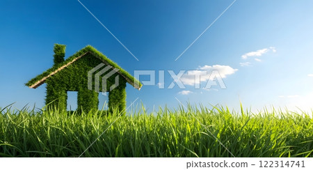 Create a photorealistic image of a house-shaped figure formed by a patch of lush green grass against a clear blue sky. The house shape should be clearly defined with a visible roof and chimney 122314741