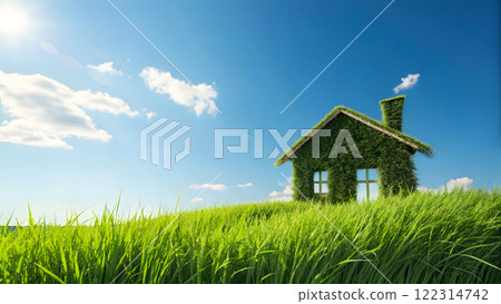 Create a photorealistic image of a house-shaped figure formed by a patch of lush green grass against a clear blue sky. The house shape should be clearly defined with a visible roof and chimney 122314742