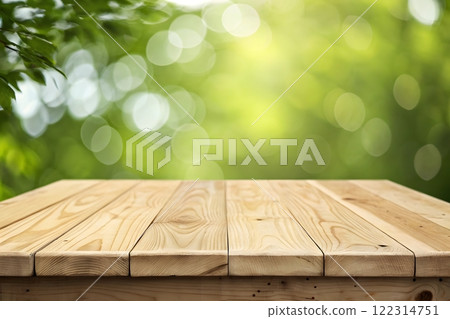 Photorealistic image of a wooden table top with a blurred background of a bright, sunny forest Photorealistic image of a wooden table top with a blurred background of a bright, sunny forest 122314751