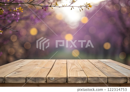 Photorealistic image of a wooden table top with a blurred background of a bright, sunny forest Photorealistic image of a wooden table top with a blurred background of a bright, sunny forest 122314753