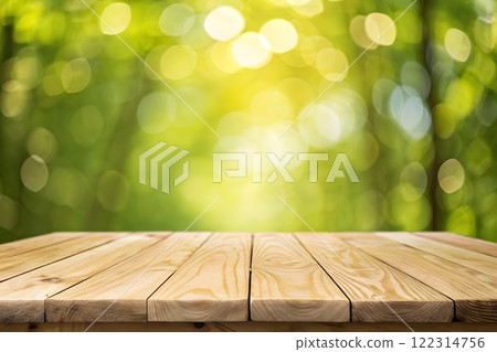 Photorealistic image of a wooden table top with a blurred background of a bright, sunny forest Photorealistic image of a wooden table top with a blurred background of a bright, sunny forest 122314756
