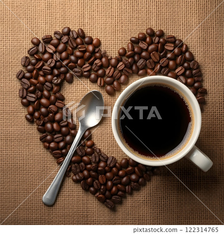A photorealistic image of a still life featuring a heart shape formed by coffee beans, a cup of coffee, and a spoon on a burlap background. The coffee beans should be arranged neatly heart shape A photorealistic image of a still life featuring a heart shape formed by coffee beans, a cup of coffee, and a spoon on a burlap background. The coffee beans should be arranged neatly heart shape 122314765