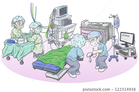 A certified nurse trying to ensure invasive arterial pressure measurement during anesthesia induction before surgery and a nurse arranging the table before surgery A certified nurse trying to ensure invasive arterial pressure measurement during anesthesia induction before surgery and a nurse arranging the table before surgery 122314938