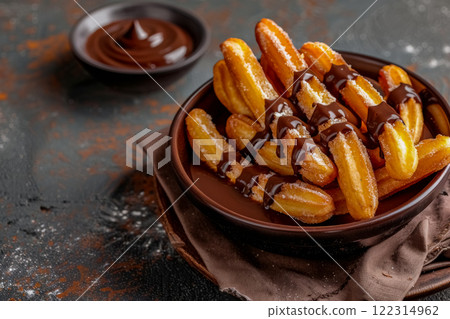 Delicious churros drizzled with rich chocolate sauce on rustic table, brown background 122314962