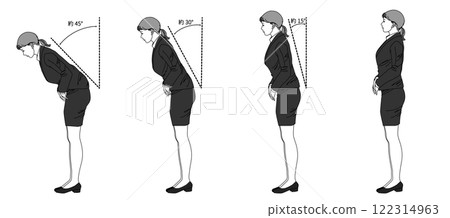 Illustration of a Japanese business woman bowing from different angles (sideways, full body) Vector material 122314963