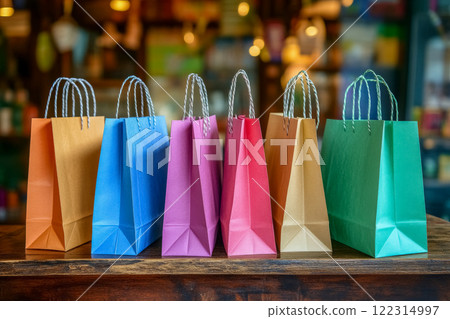 Colorful paper bags arranged on table in vibrant shop atmosphere showcasing shopping excitement 122314997