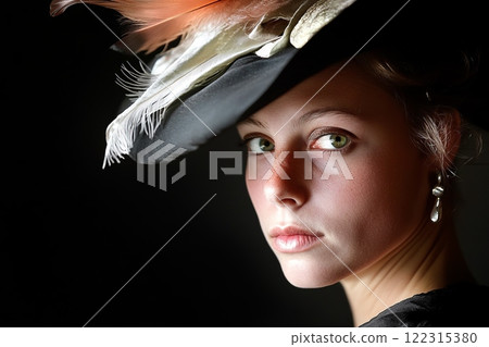 Woman in Renaissance Hat with Dramatic Lighting  122315380