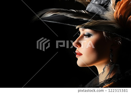 Woman in Renaissance Hat with Dramatic Lighting Woman in Renaissance Hat with Dramatic Lighting 122315381