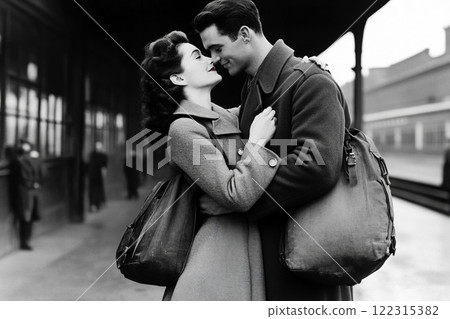Vintage black-and-white photograph of a 1940s couple embracing at a train station during wartime. 122315382