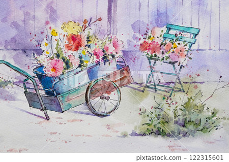 A small French garden, watercolor, landscape painting 122315601