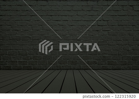 Wooden Floor with Brick Wall Background in Dark Green Tone. 122315920