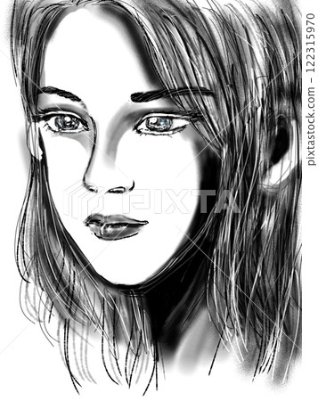 Black and white illustration woman with flowing hair 122315970