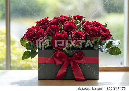 Luxurious box with red roses, red satin ribbon bow 122317472