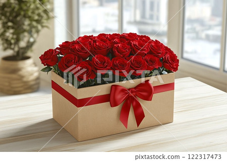 Gift box with red roses, red satin ribbon 122317473
