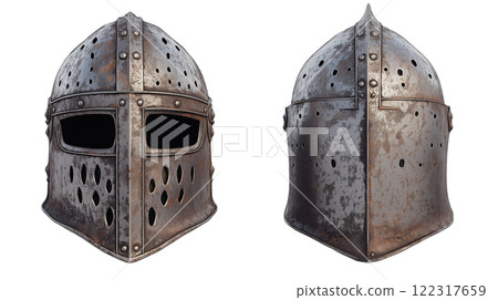 Detailed view of a historical helmet showcasing visor with unique perforations from armor collection 122317659