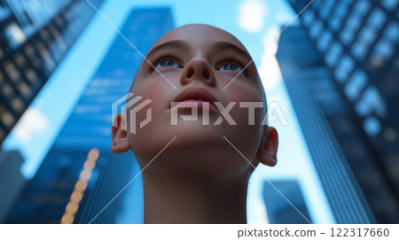 Young girl gazes up curiously at skyscrapers in an urban cityscape under a bright blue sky 122317660