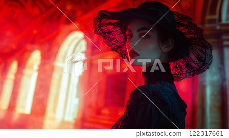 Renaissance lady standing in a vibrant, illuminated setting with ornate architecture Renaissance lady standing in a vibrant, illuminated setting with ornate architecture 122317661