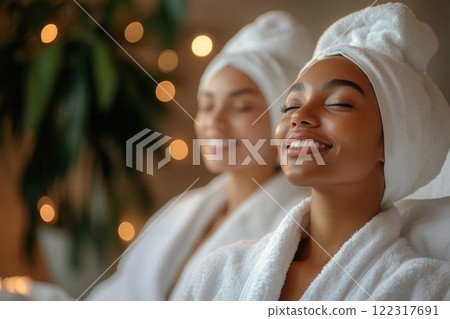 Two relaxed women enjoying spa treatment with towel on head 122317691